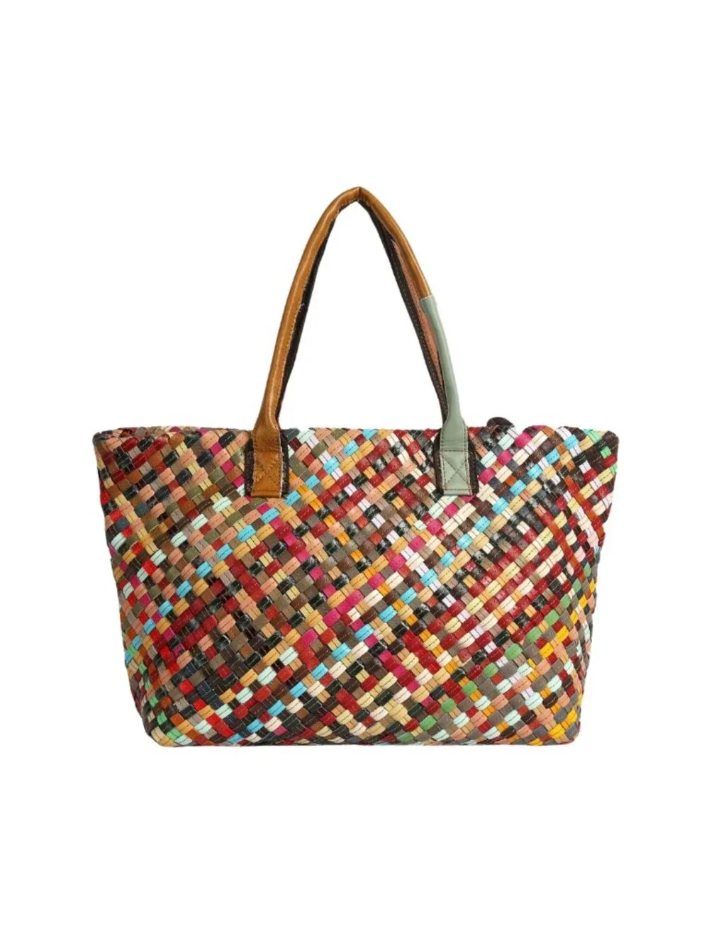 NWT Genuine Leather Woven Multicolor Large Tote Handbag  Description